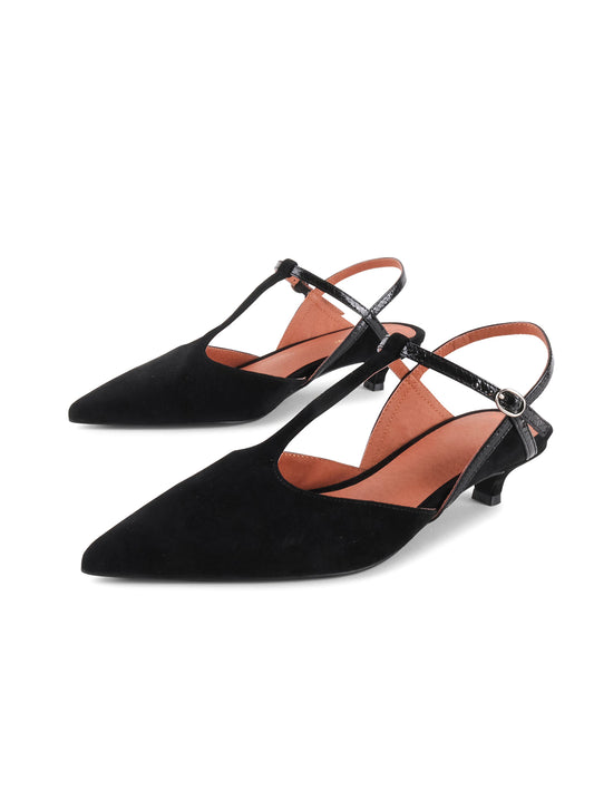 Black Faux Suede Pointed-Toe Buckle Ankle Strap Chic Kitten Heels