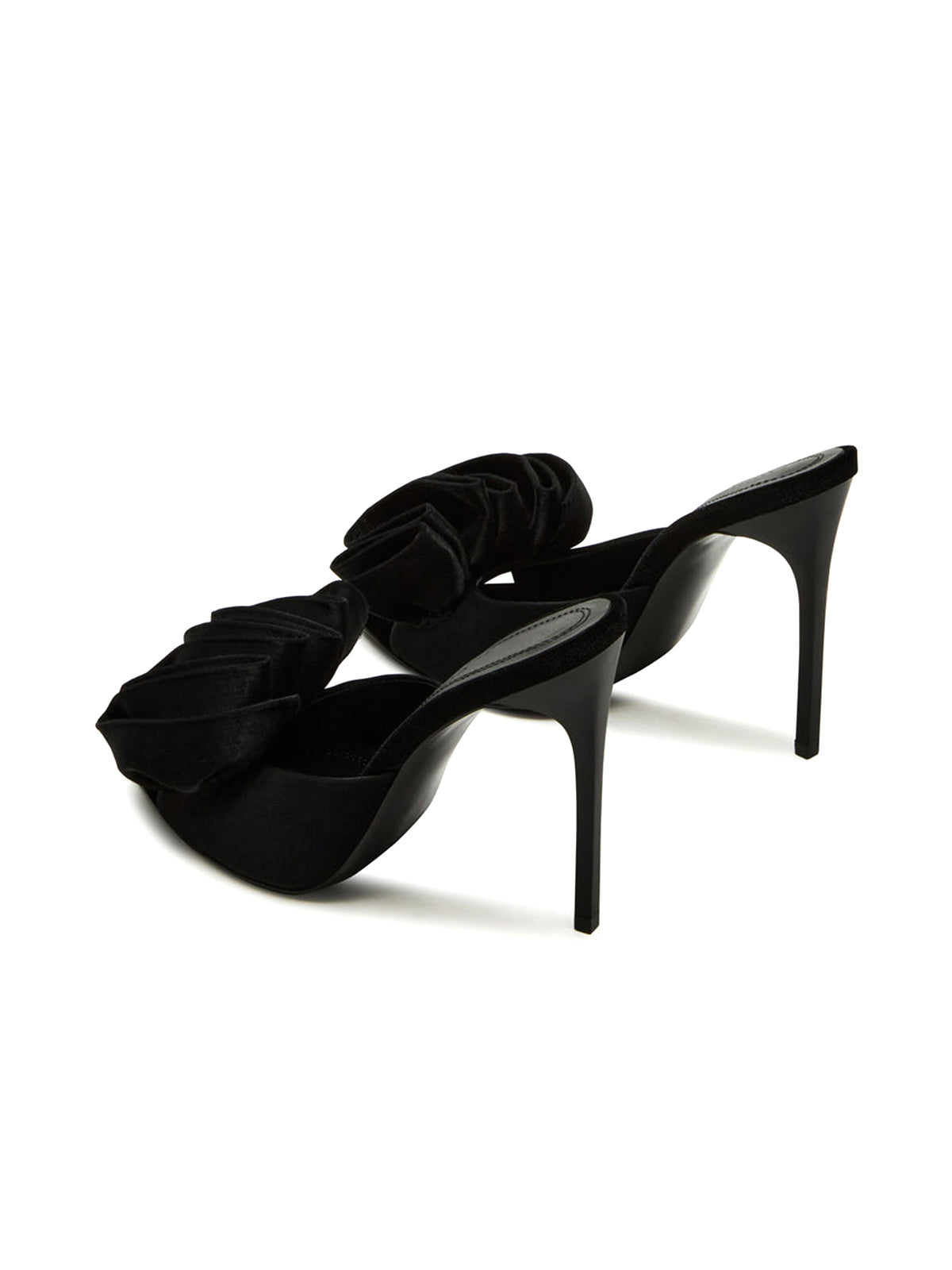 Pointed-Toe Slip-On Pearl Ruffle High Heels - Black Satin