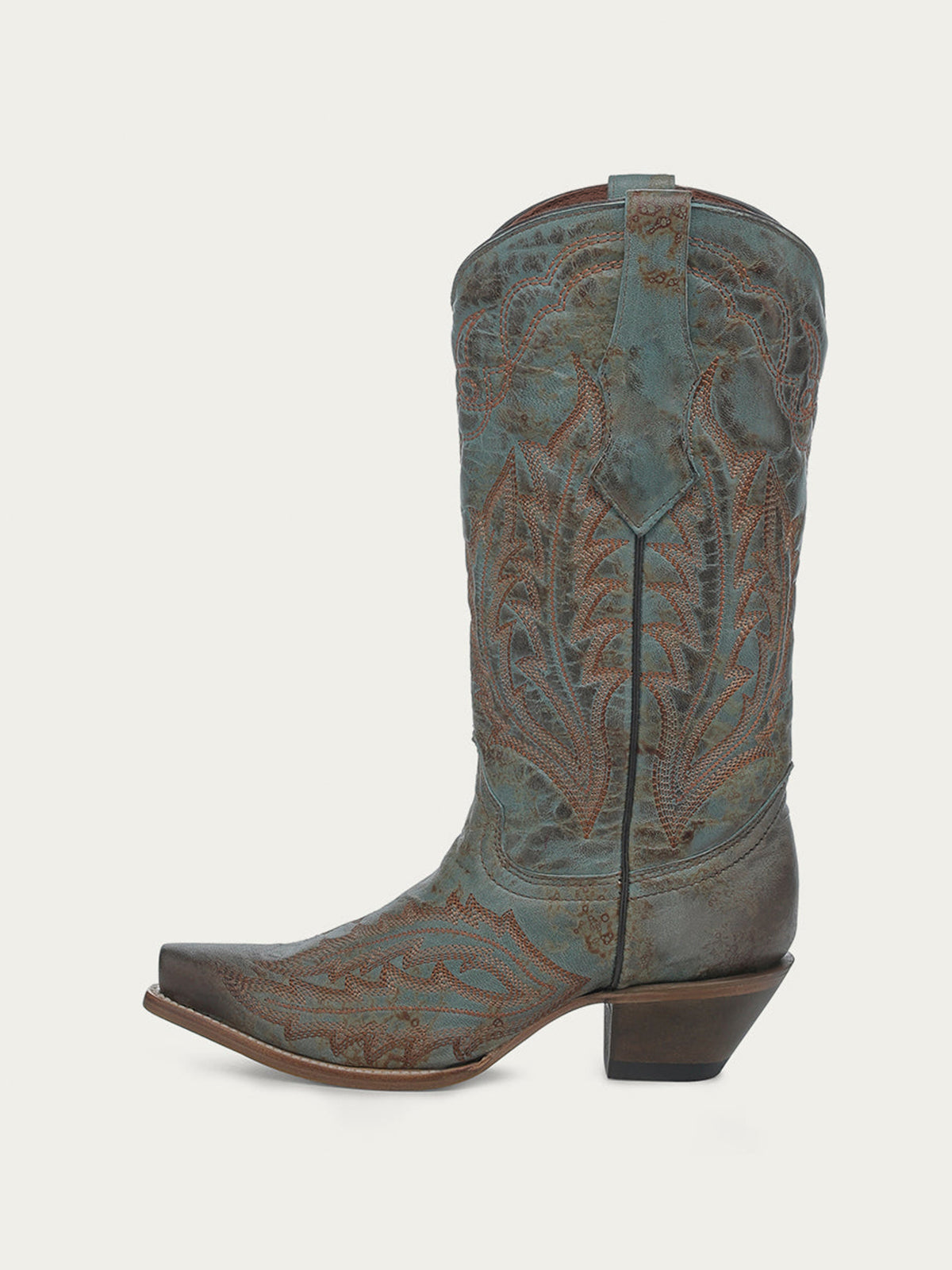 Distressed Turquoise Snip-Toe Vintage Embroidery Mid Calf Cowgirl Boots
