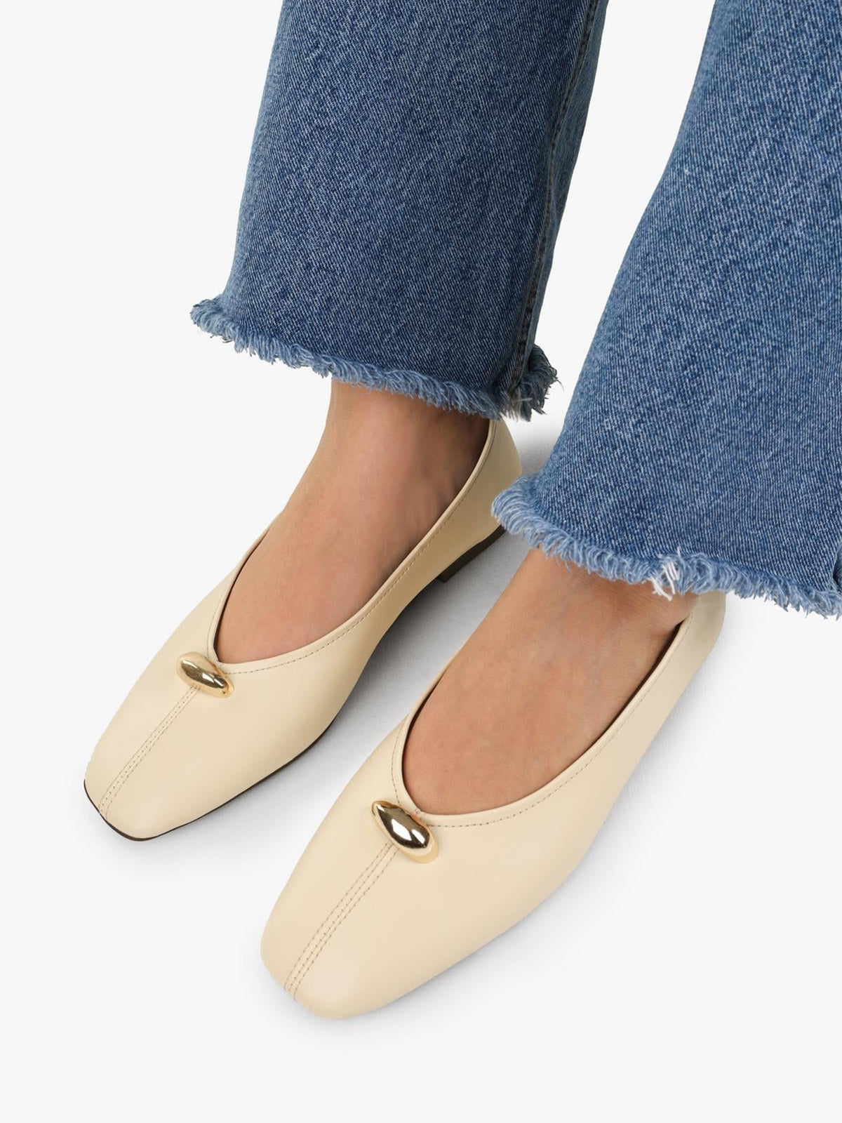 Cream Yellow Square-Toe Front Gold Metal Detail Slip-On Flats