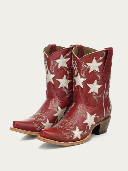 Red Snip-Toe Star Inlay With Embroidery Ankle Cowgirl Boots