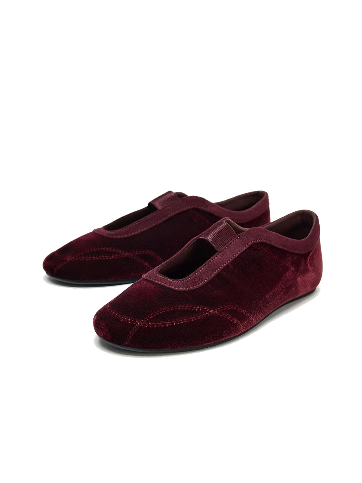 Burgundy Velvet Round-Toe Elastic Mary Jane Ballet Flats