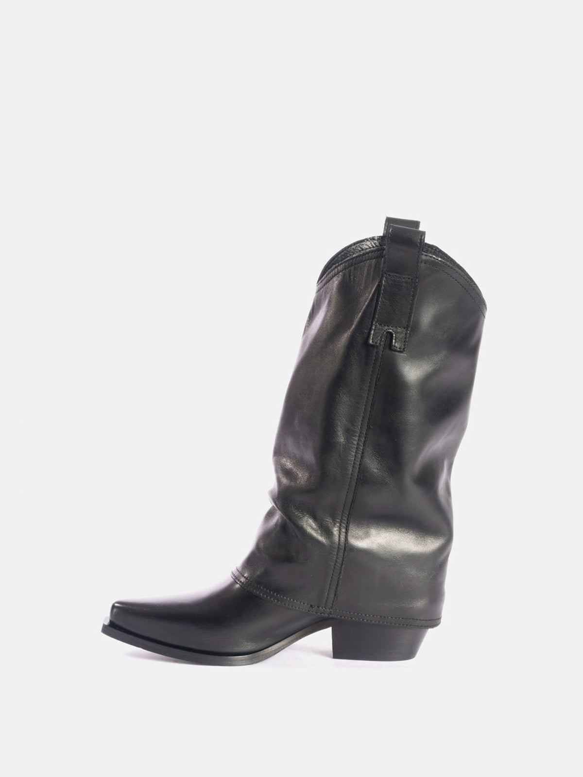 Black Snip-Toe Mid Calf Fold-Over Cowgirl Boots