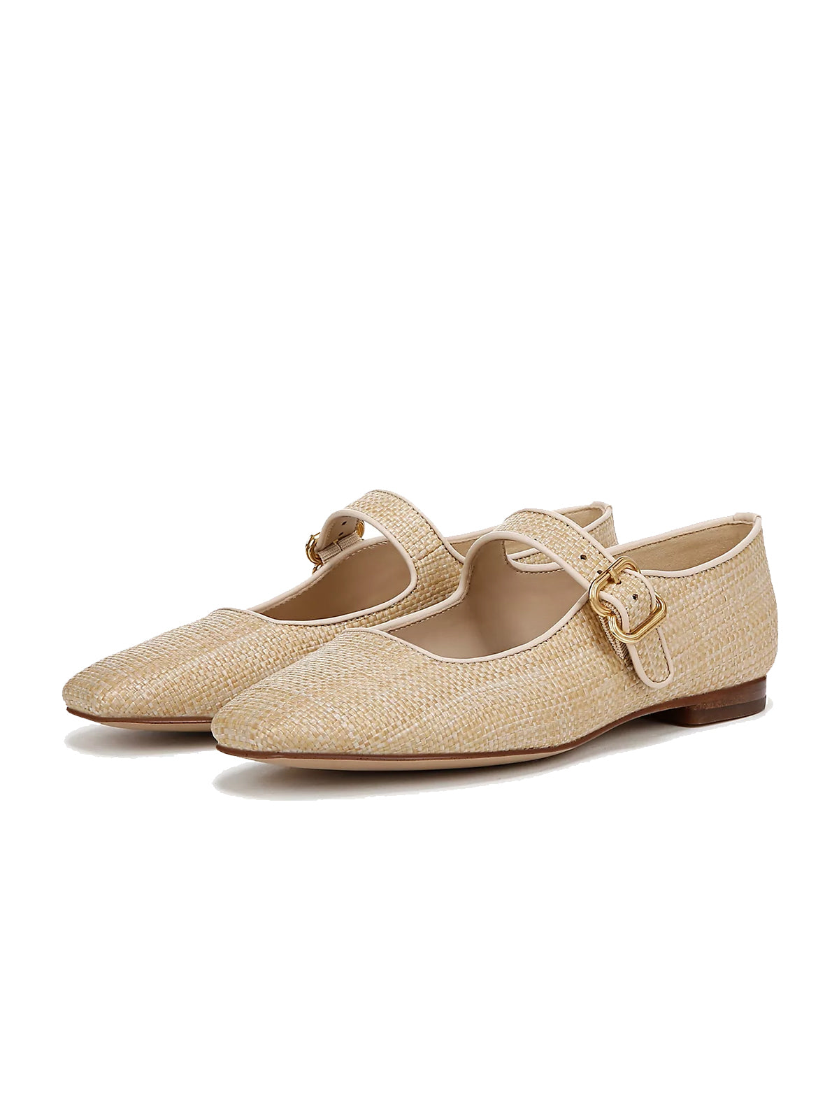 Beige Square-Toe Woven Bridge Strap Mary Jane Flats
