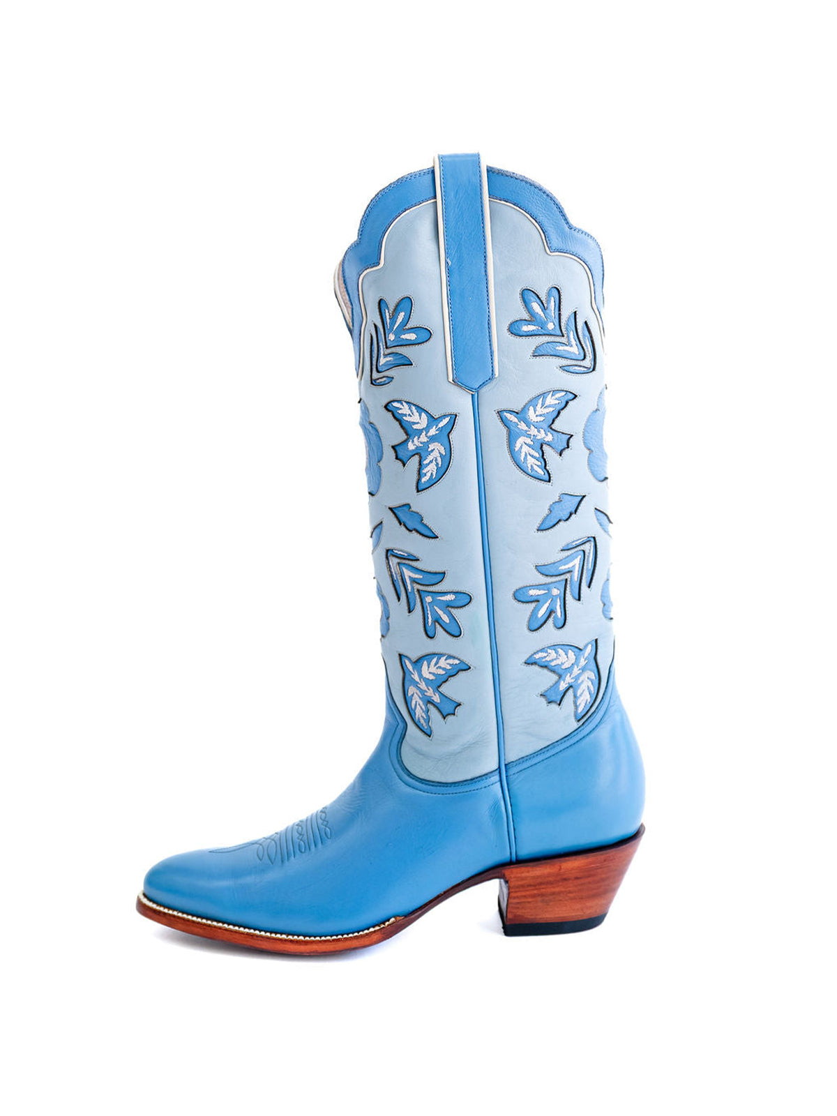 Blue Round-Toe Birds Leaves Flowers Inlay Wide Calf Knee High Cowgirl Boots