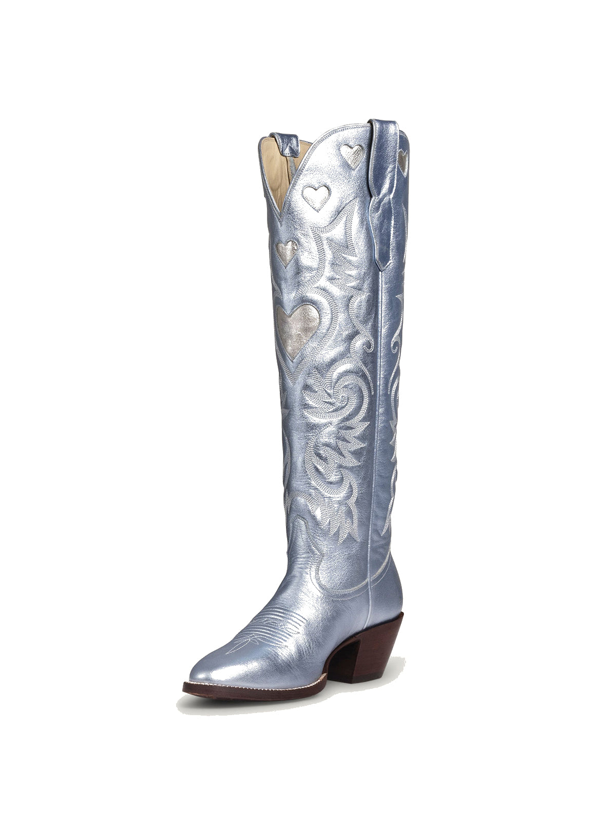 Metallic Blue Round-Toe Chic Hearts Inlay Wide Calf Knee High Cowgirl Boots