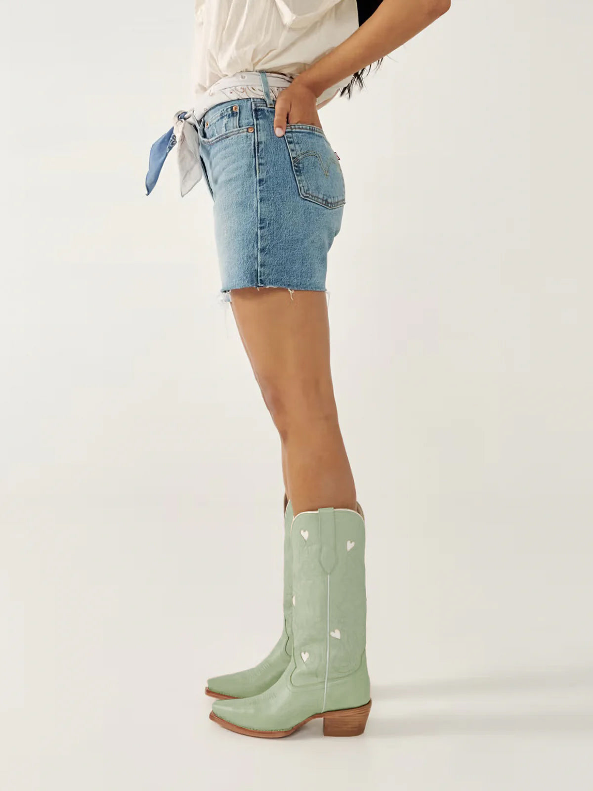 Mint Green Snip-Toe Embroidery White Heart Inlay Mid Calf Cowgirl Boots