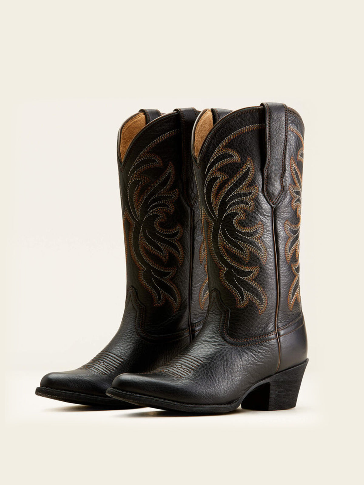 Mid Calf Almond-Toe Embroidery Cowgirl Boots - Black