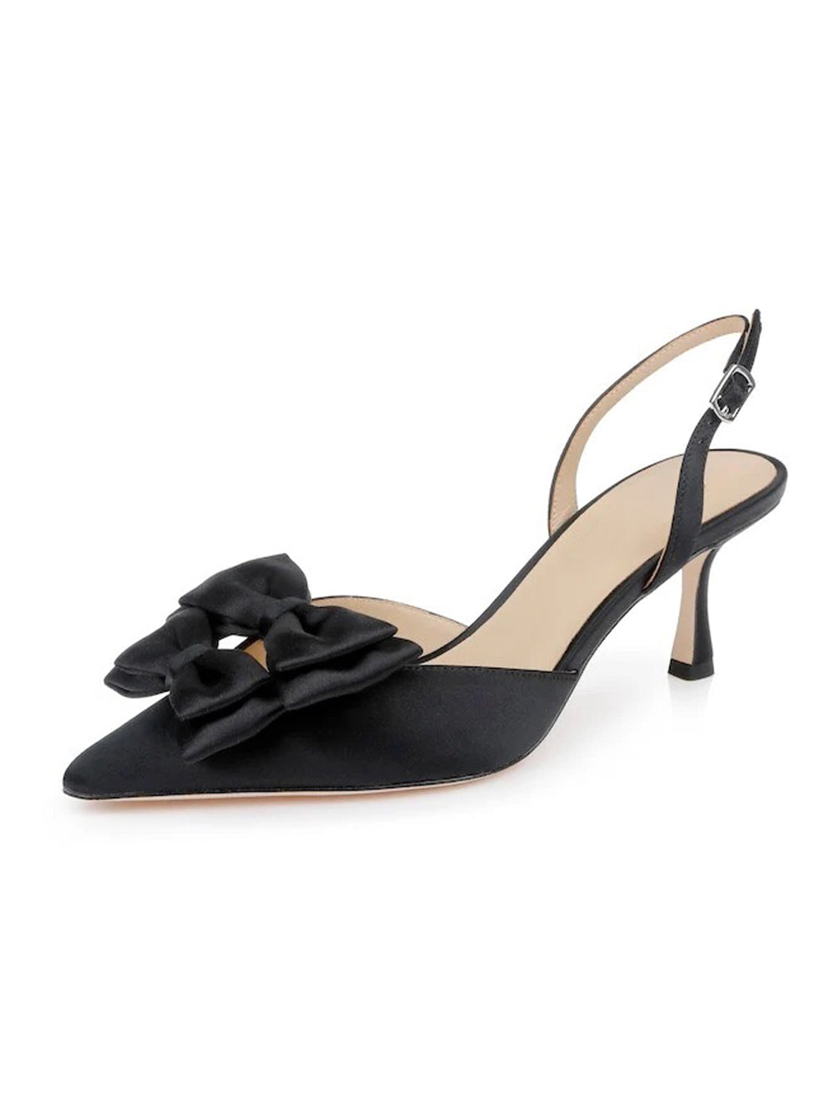 Black Satin Pointed-Toe Front Double Bows Slingback High Heels