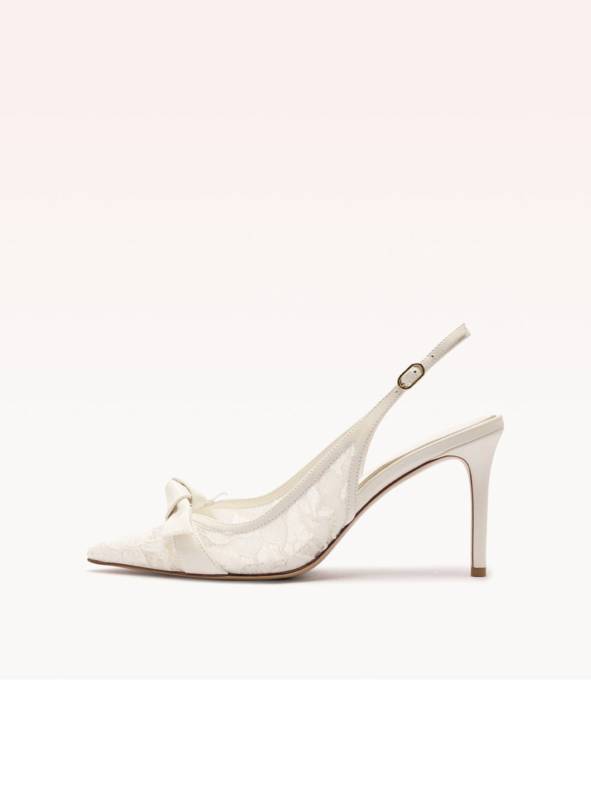 Ivory Lace Mesh Pointed-Toe Front Knot Buckle Slingback Kitten Heels