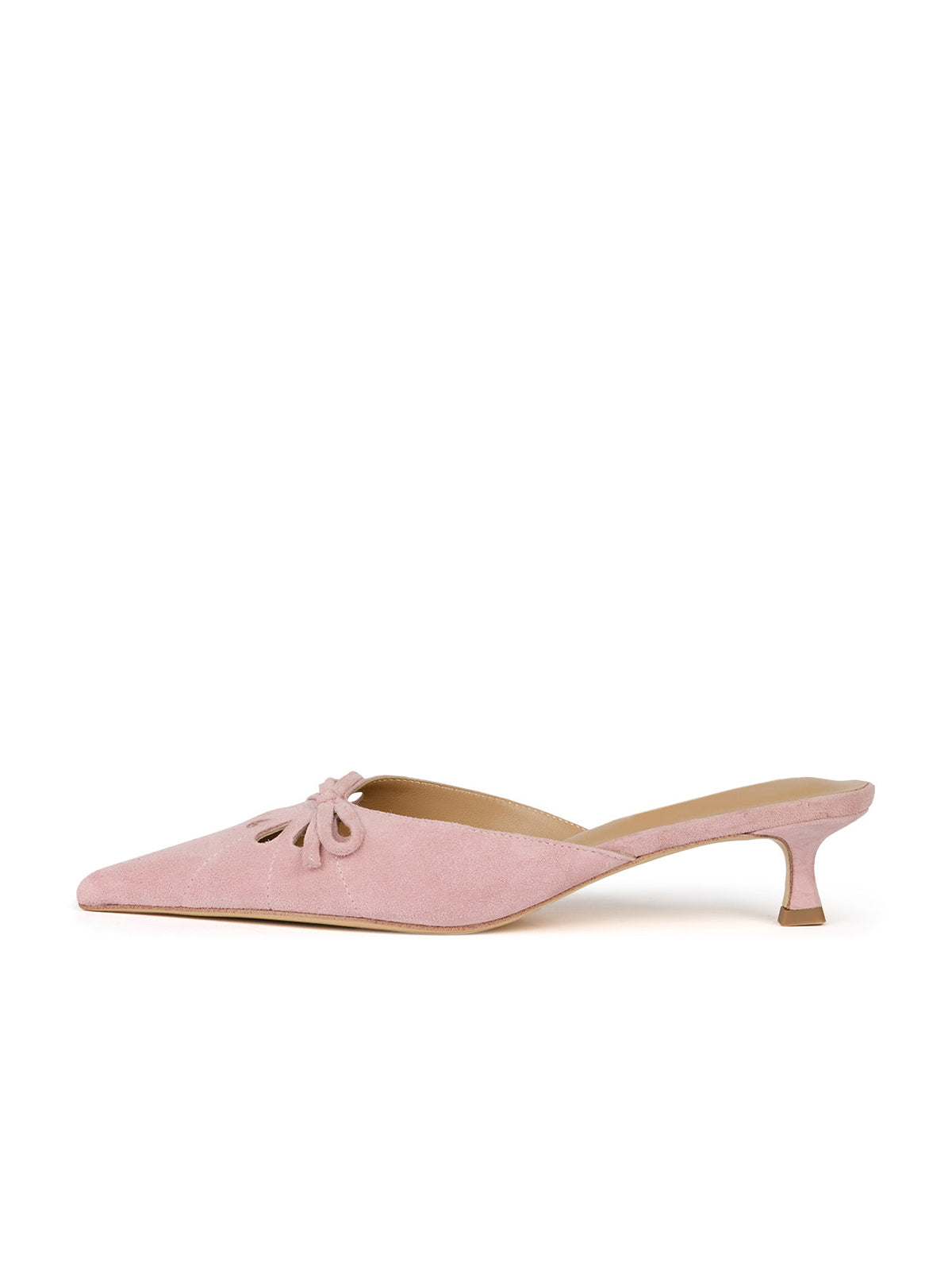 Pink Faux Suede Pointed-Toe Front Cut-Out And Bow Backless Kitten Heels