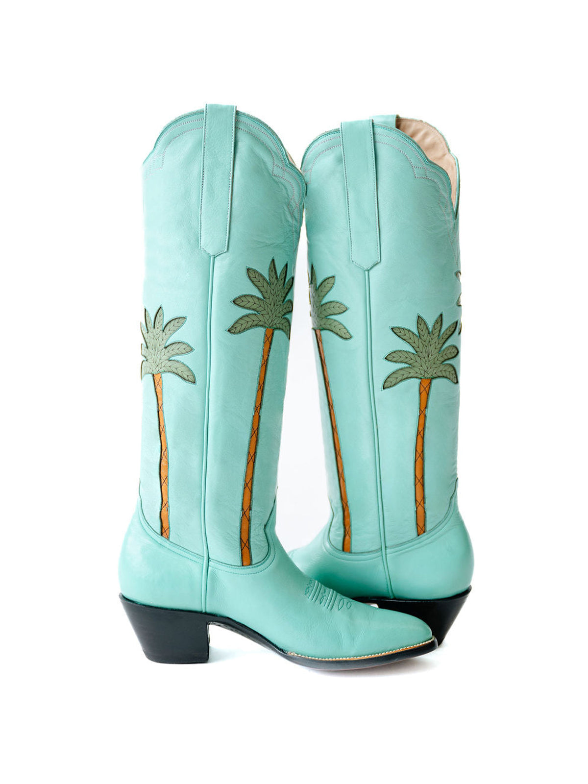 Light Green Almond-Toe Palm And Flowers Inlay Wide Calf Tall Knee High Cowgirl Boots