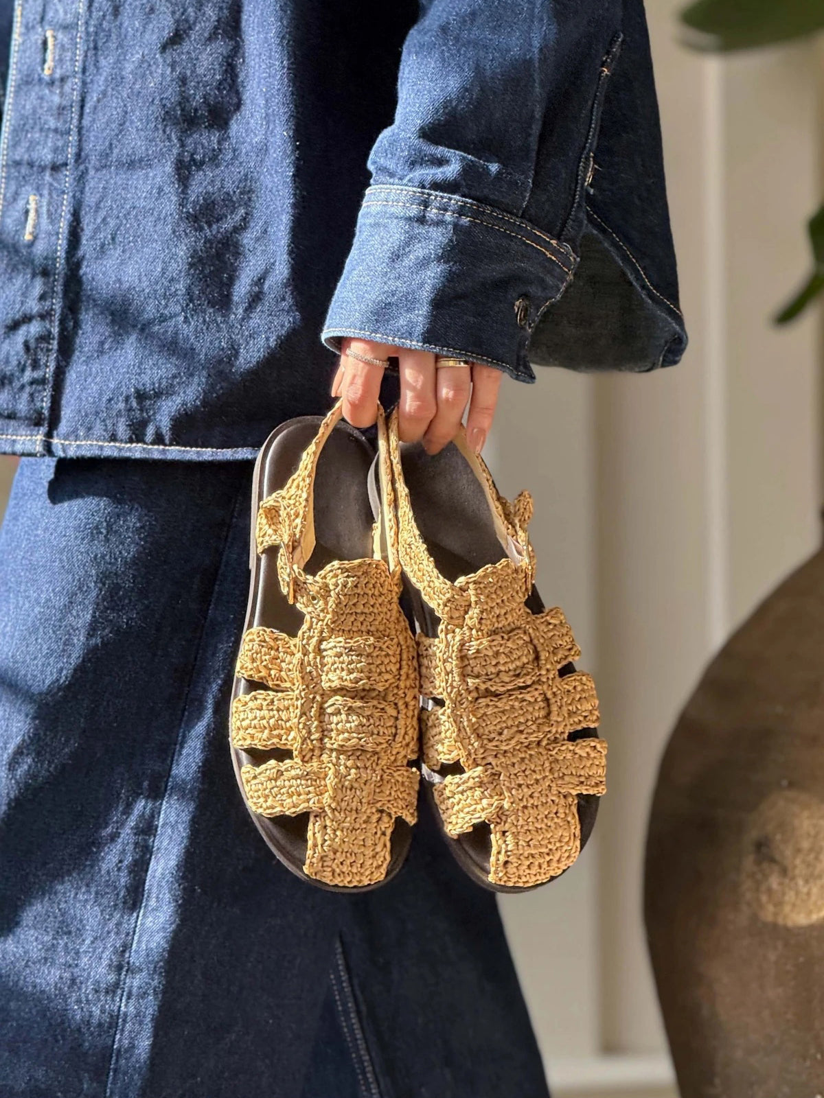 Beige Grass Woven Round-Toe Caged Detail Buckle Strap Flats