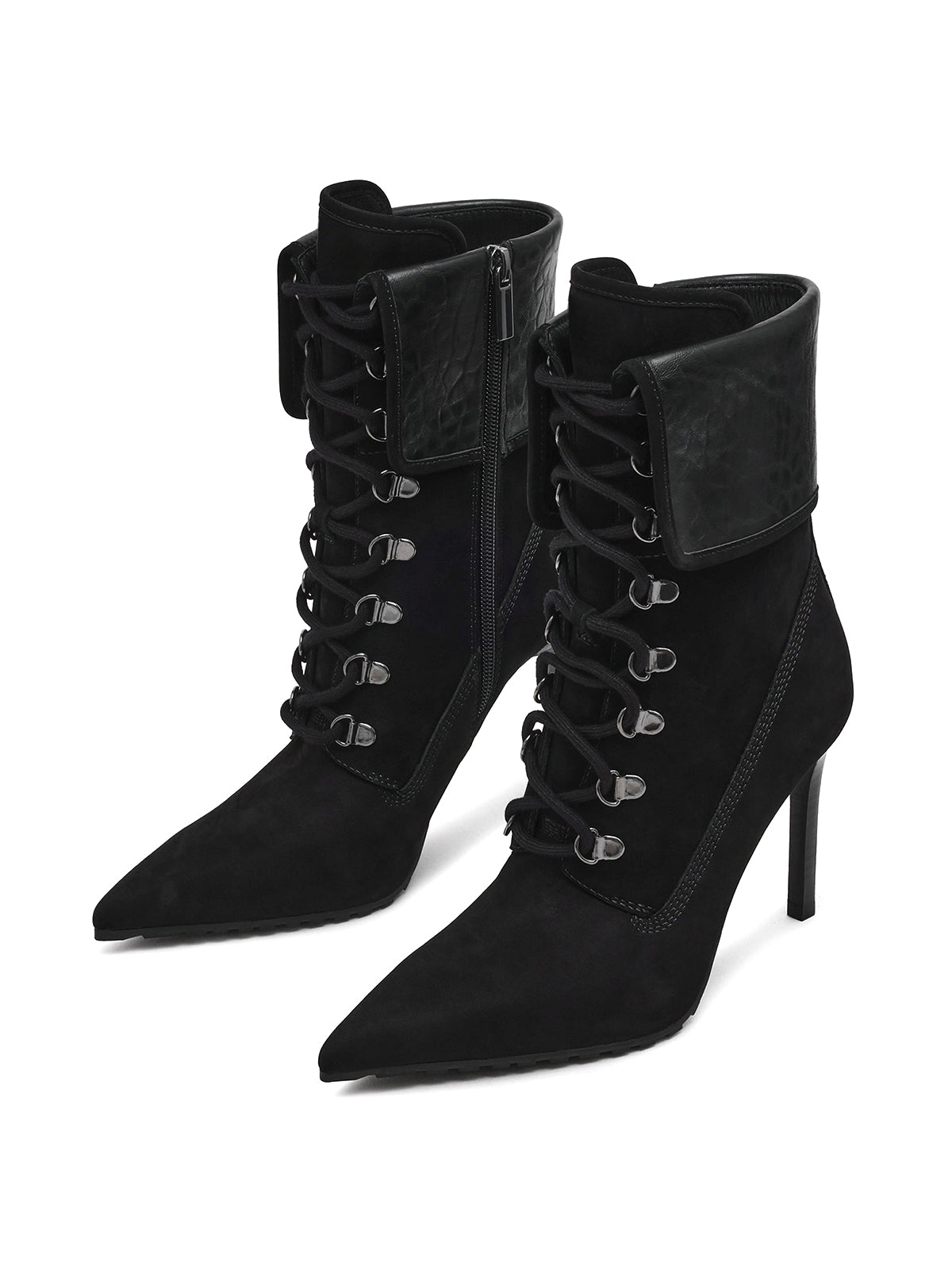 Black Pointed-Toe Lace-Up Chic Ankle Stiletto Boots