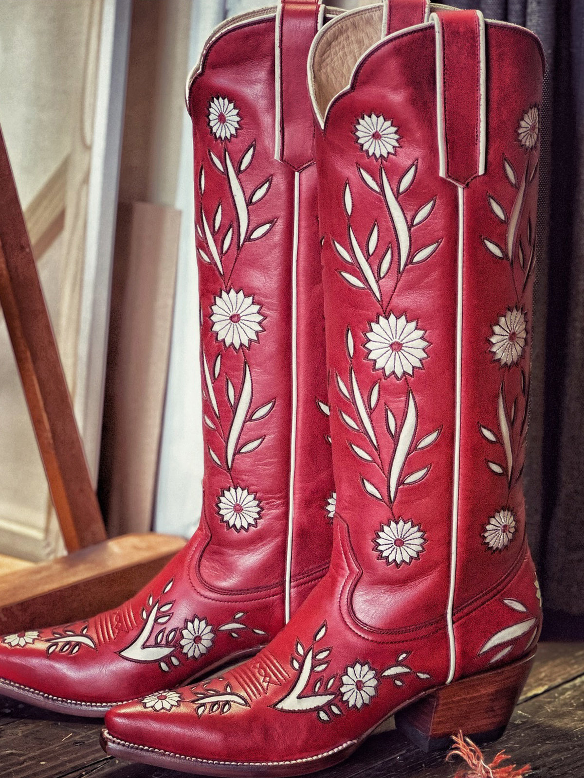 Red Pointed-Toe White Sunflower Inlay Wide Calf Knee High Cowgirl Boots