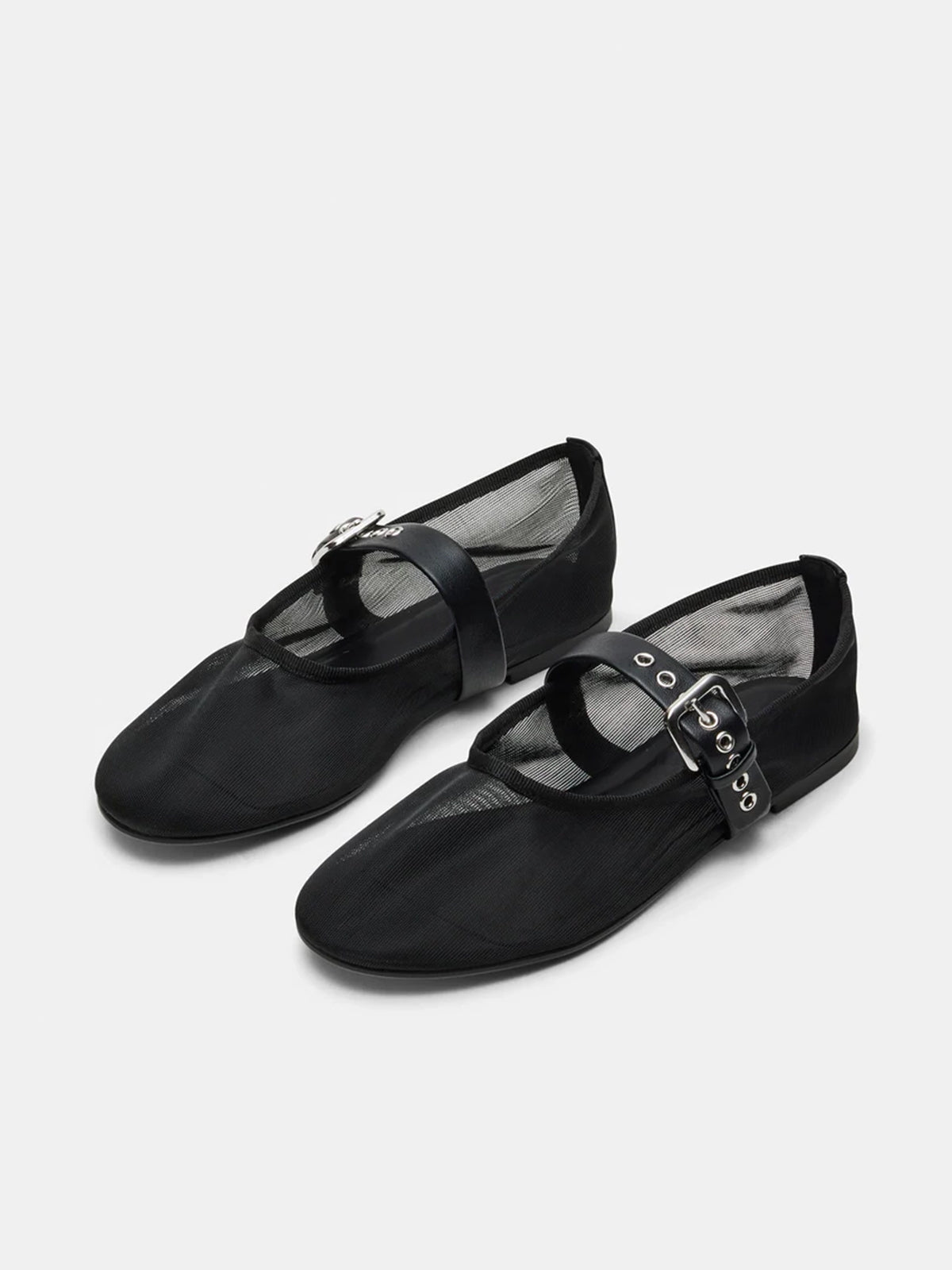 Black Mesh Round-Toe Bridge Buckle Strap Ballet Flats