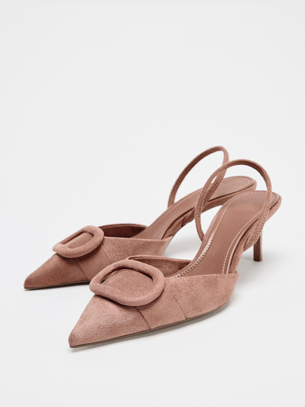 Pink Faux Suede Pointed-Toe Front Applique Slingback Kitten Heels