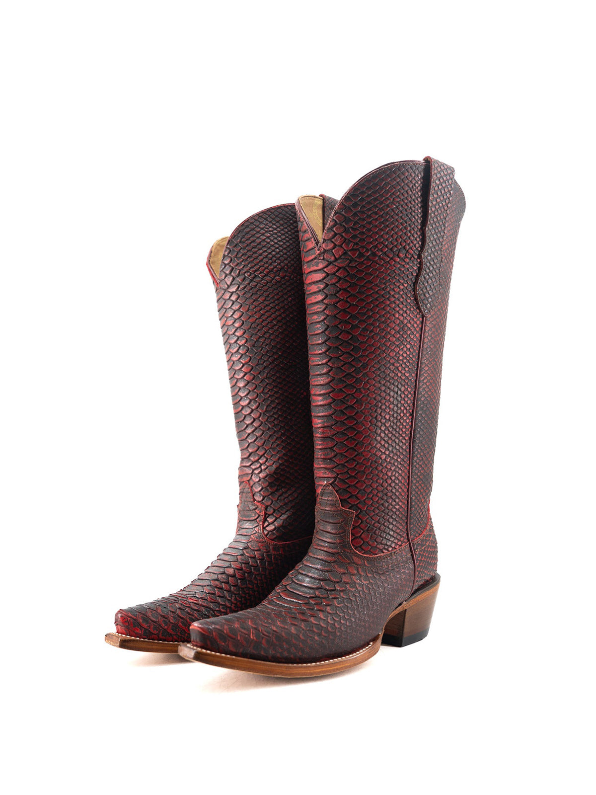 Wine Red Snakeskin Print Snip-Toe Half-Zip Knee High Cowgirl Boots