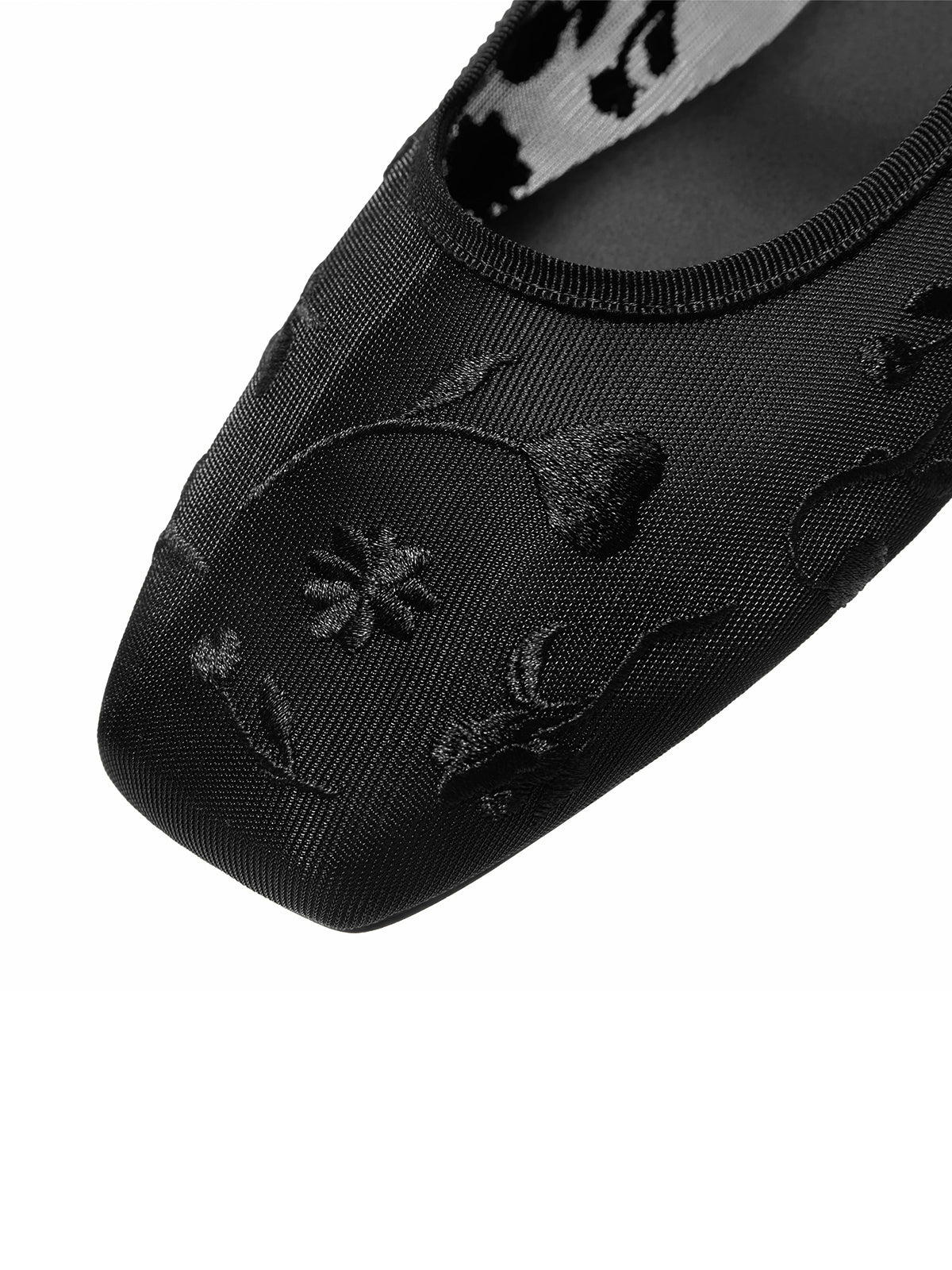 Mesh And Satin Square-Toe Floral Embroidery Mary Jane Flats - Black