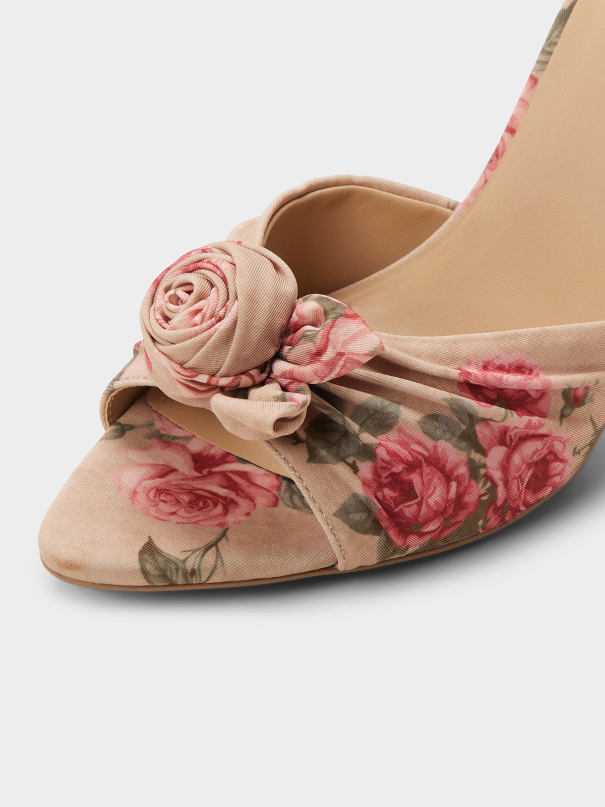 Beige Satin Peep Round-Toe Front Rose Detail Slip-On High Heels
