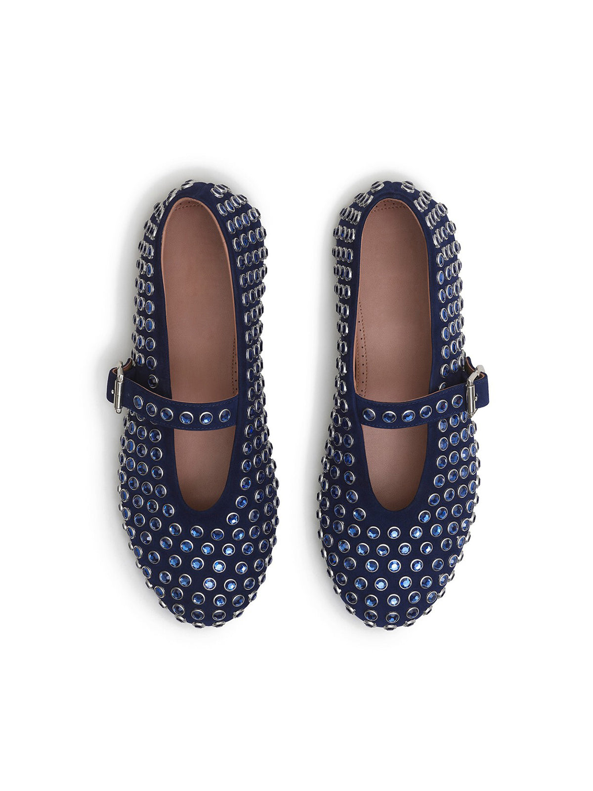Dark Blue Faux Suede Round-Toe Mary Jane Ballet Flats With Rhinestone