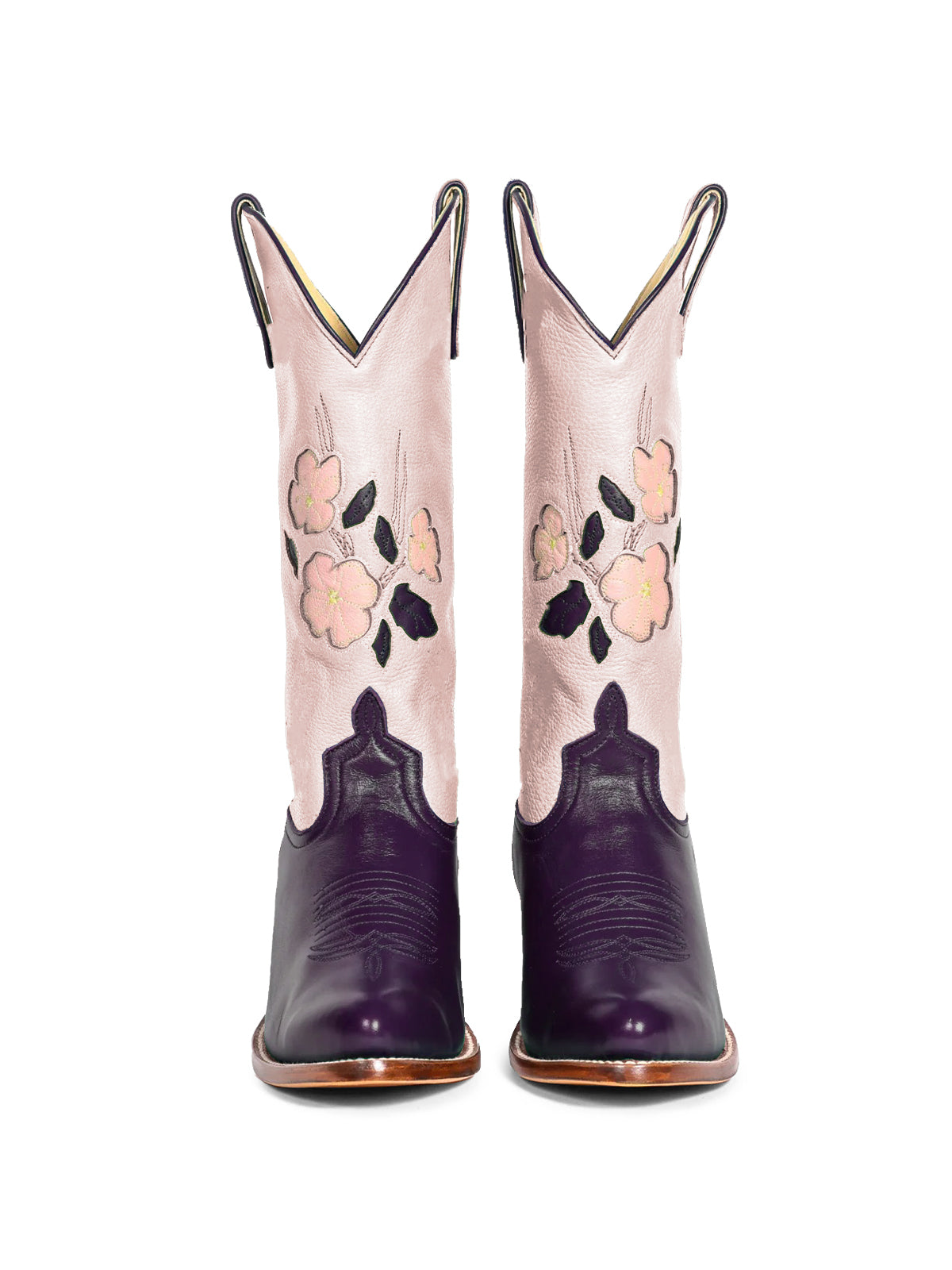 Contrast Pink And Purple Almond-Toe Fresh Flower Inlay Mid Calf Cowgirl Boots
