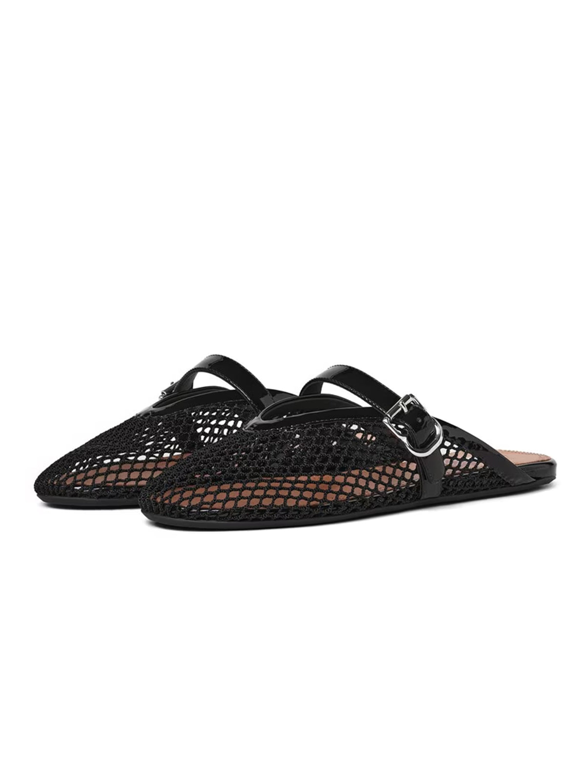 Patent Black And Mesh Round-Toe Middle Strap Backless Flats