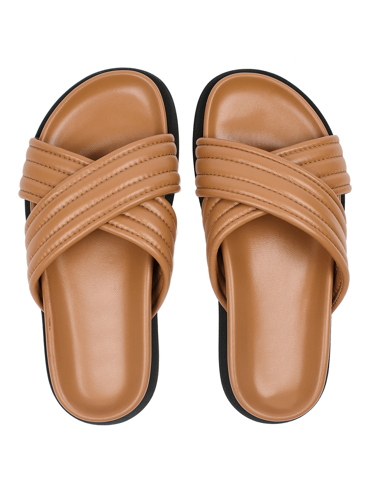 Camel Square-Toe Crossed Straps Chic Backless Flats