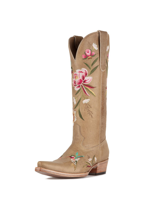 Taupe Snip-Toe Vivid Flowers And Bird Embroidery Wide Calf Knee High Cowgirl Boots