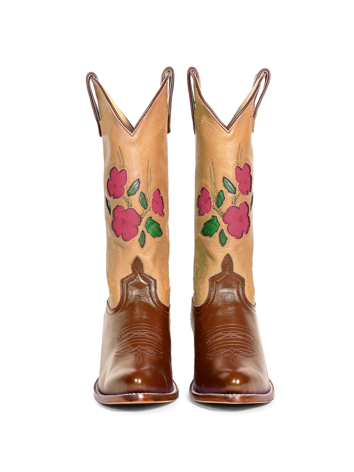 Contrast Nude And Brown Almond-Toe Fresh Flower Inlay Mid Calf Cowgirl Boots