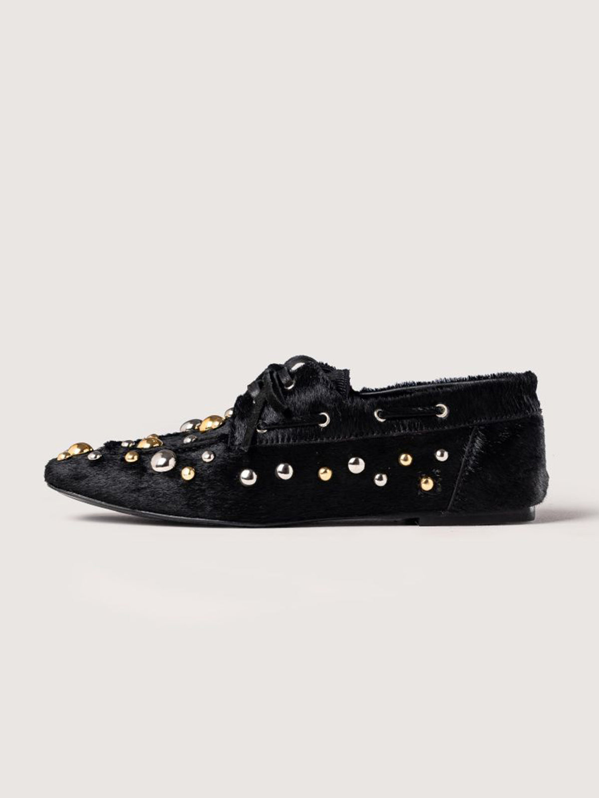 Black Pony Hair Vegan Leather Square-Toe Studs And Bow Flats