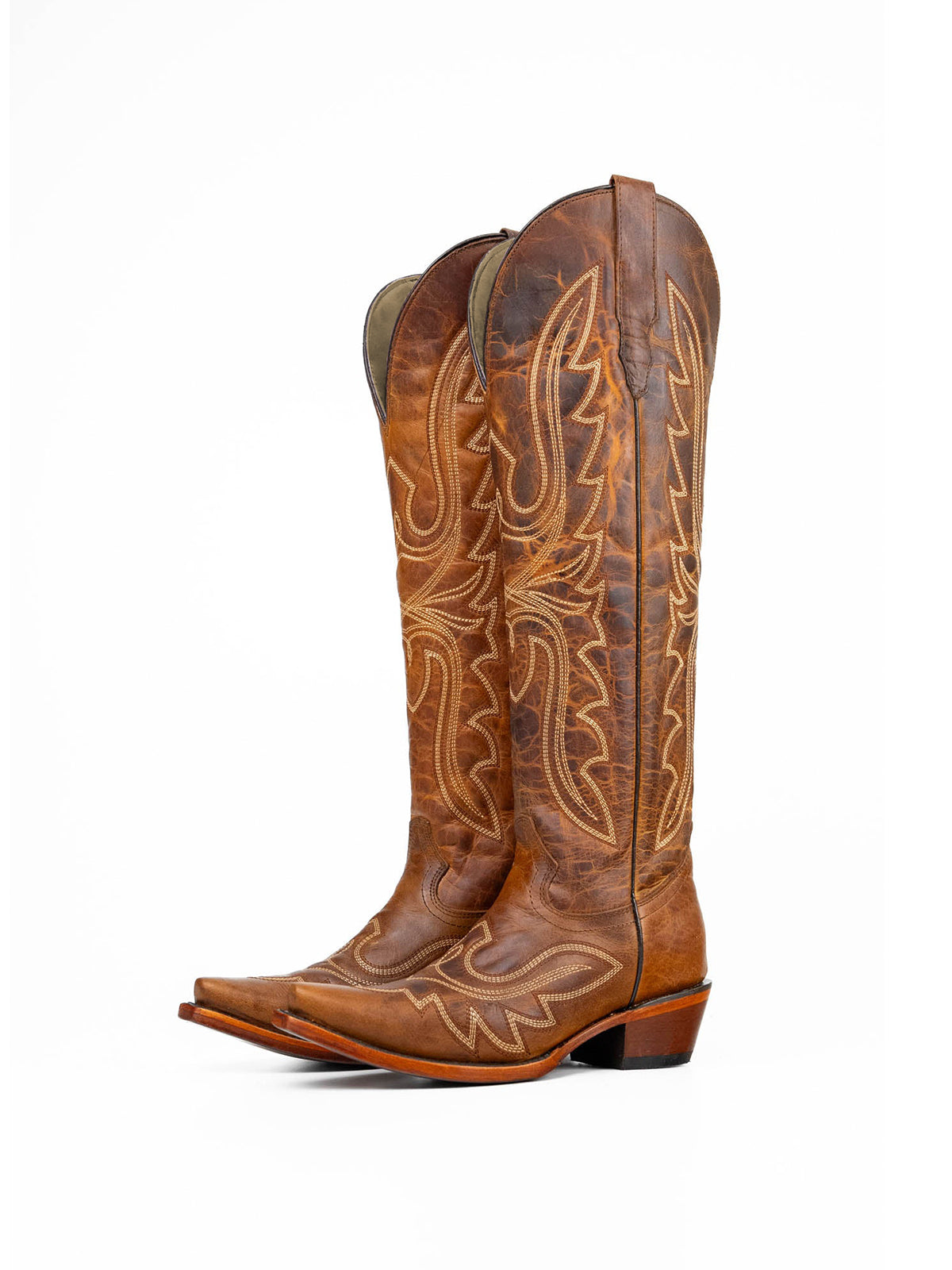 Distressed Honey Snip-Toe Embroidery Knee High Tall Half-Zip Cowgirl Boots
