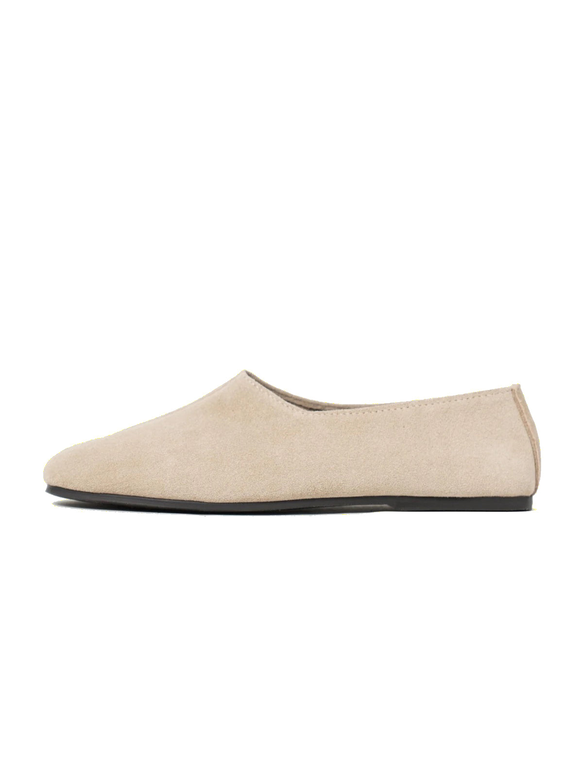 Beige Cow Suede Round-Toe Slip-On Simple Flats