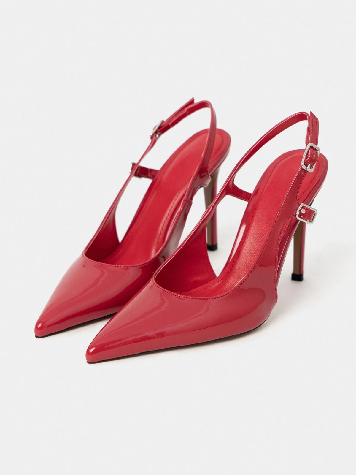 Patent Leather Pointed-Toe Buckle Back Strap Chic High Heels - Red