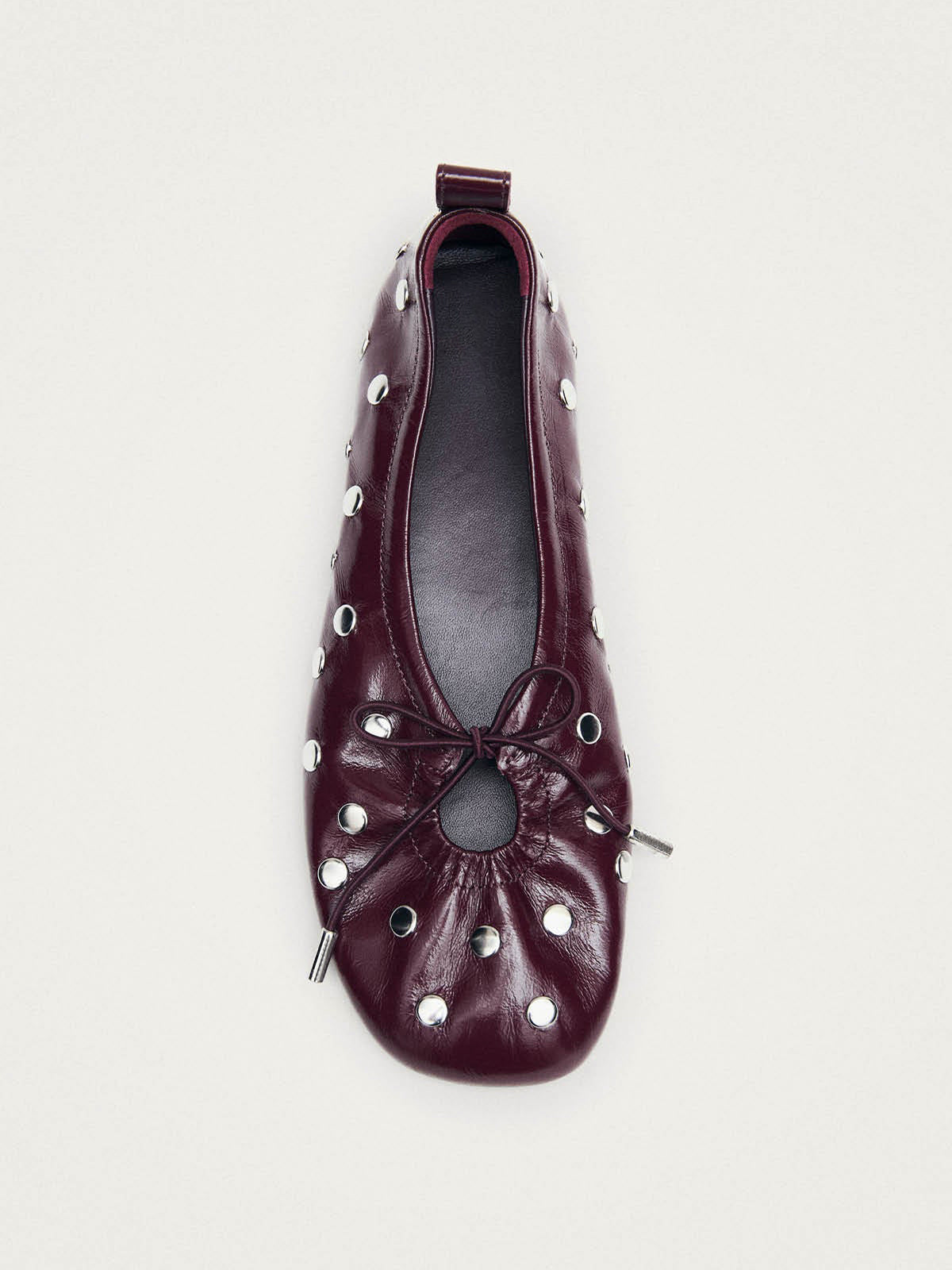 Patent Burgundy Square-Toe Full Studs And Front Bow Chic Ballet Flats