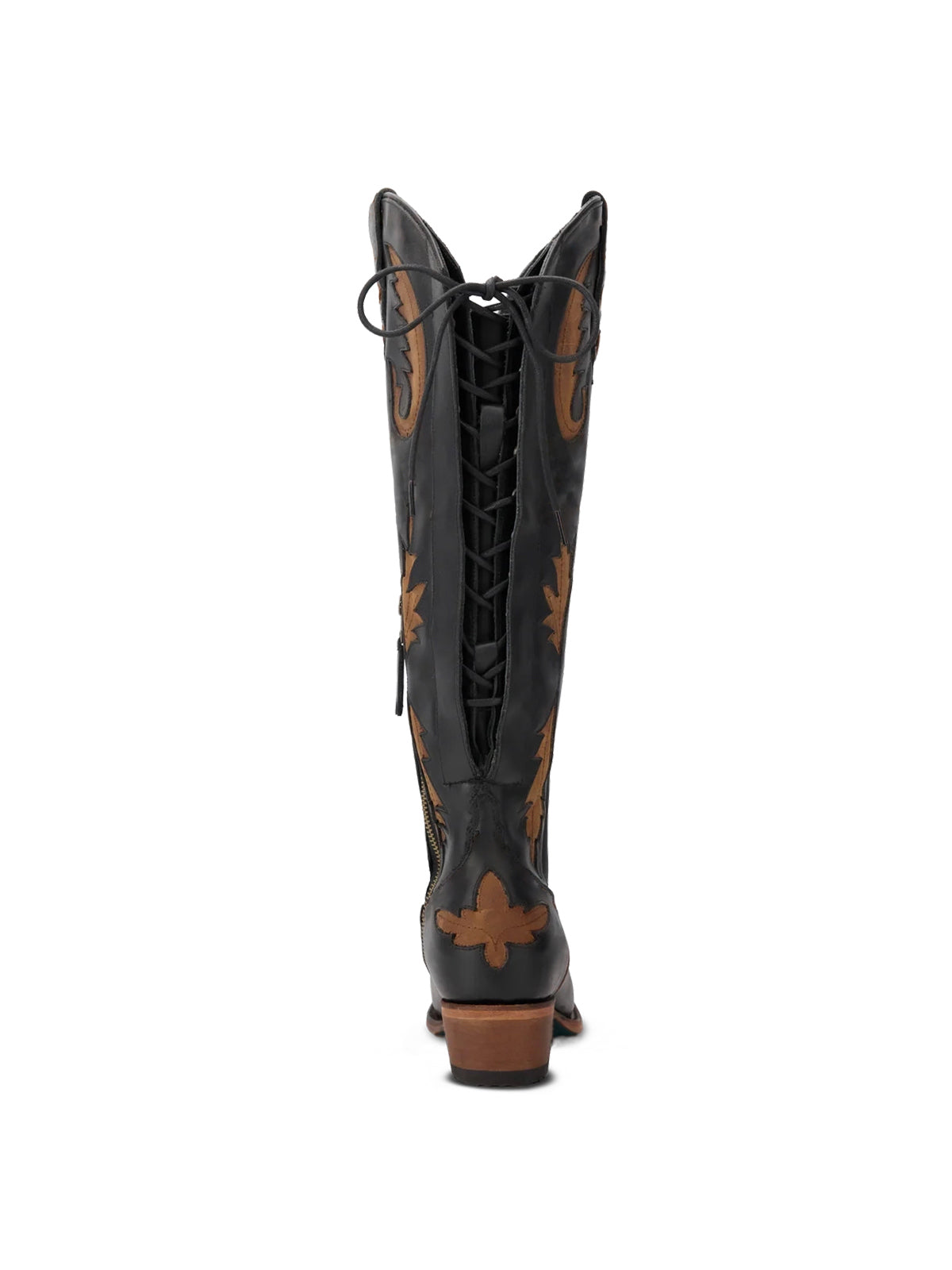 Half-Zip Snip-Toe Embroidery And Inlay Back Lace-Up Knee High Cowgirl Boots - Black