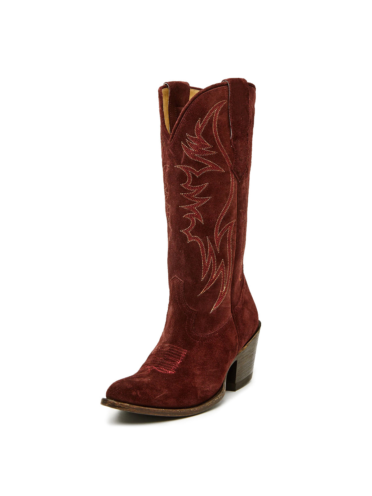 Faux Suede Wings Embroidery Pointed-Toe Mid Calf Cowgirl Boots - Wine Red