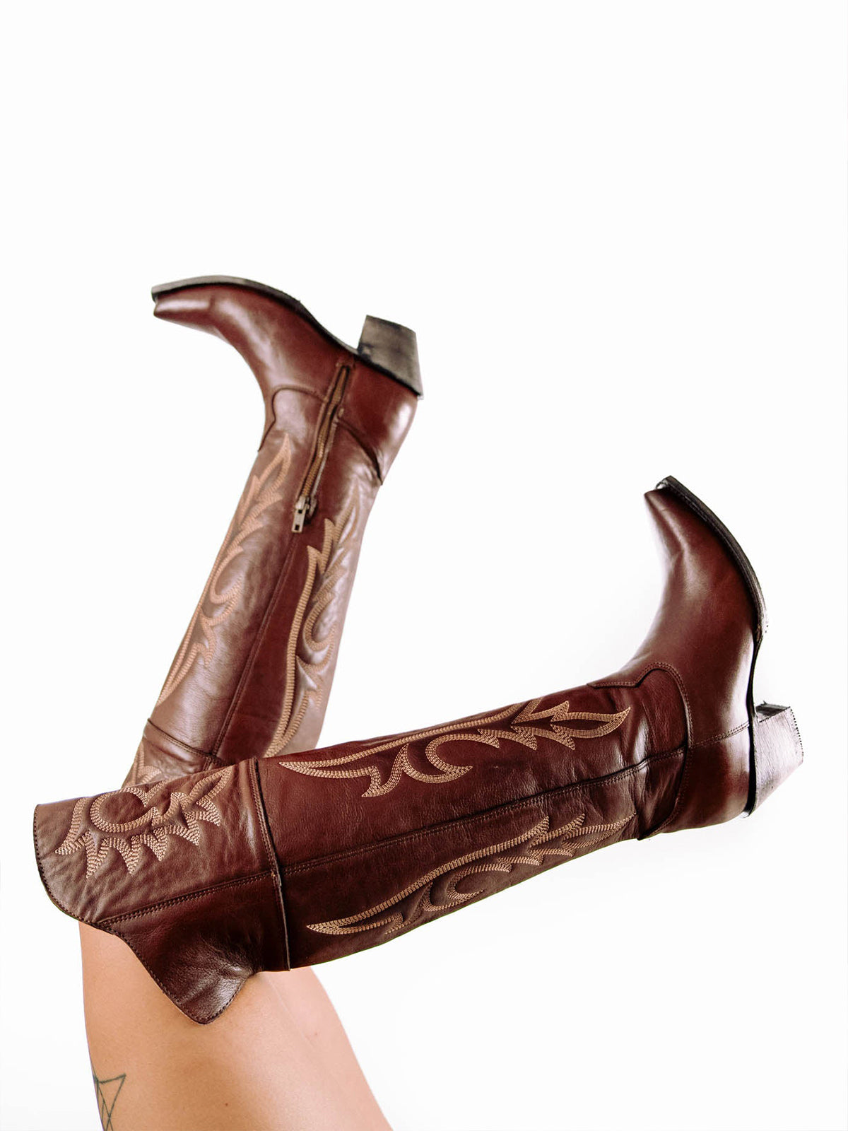 Brandy Snip-Toe Half-Zip Embroidery Tall Over-The-Knee Cowgirl Boots