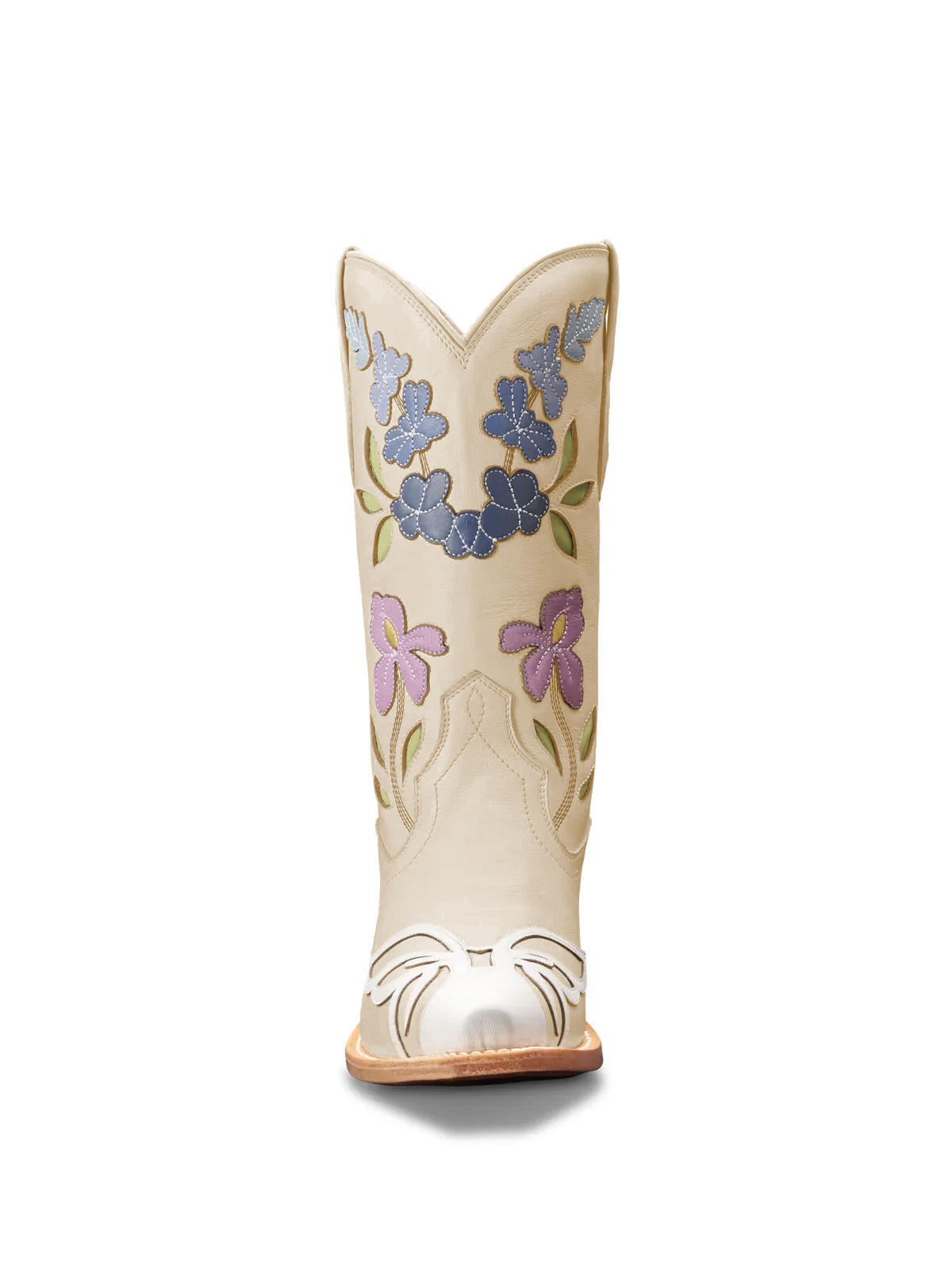 Beige Snip-Toe Flower Applique Mid Calf Pull On Cowgirl Boots