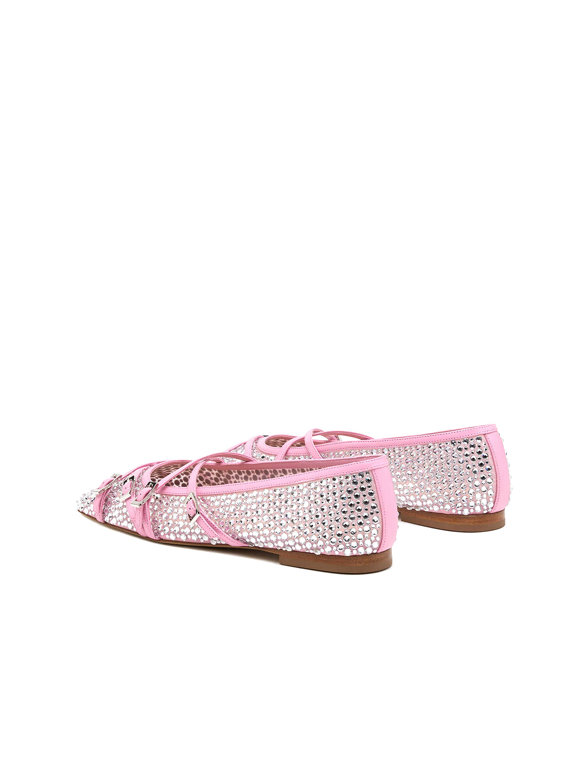 Pink Rhinestone Mesh Square-Toe Strappy Ballet Flats