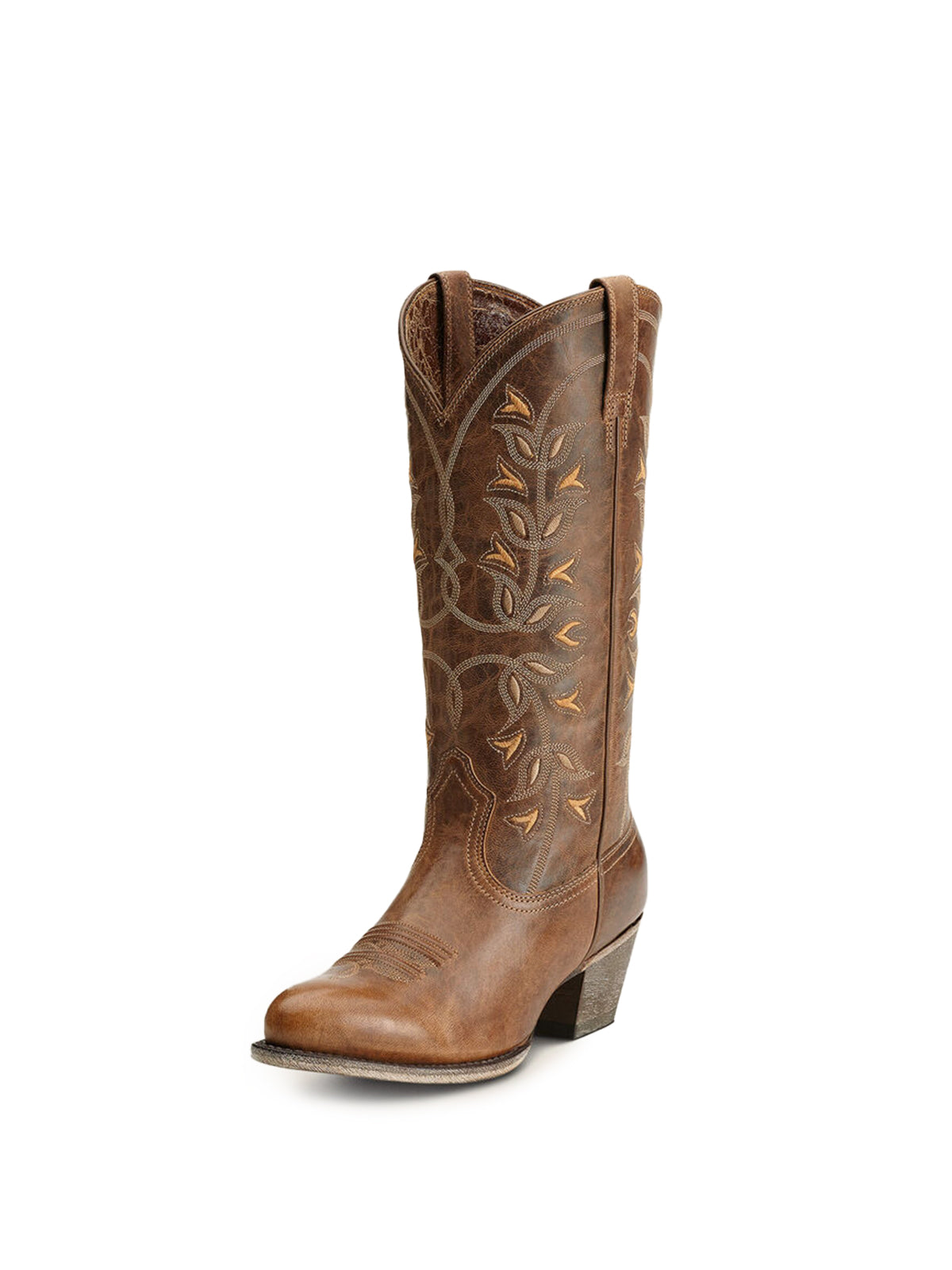 Brown Floral Embroidery Almond-Toe Mid Calf Cowgirl Boots