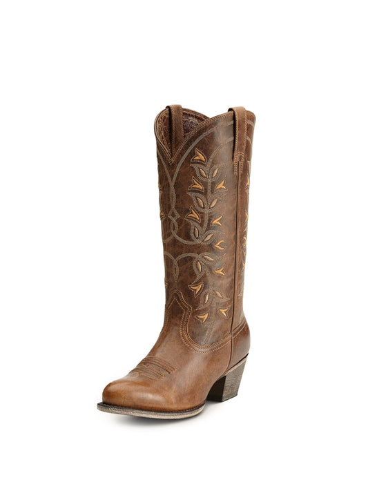 Brown Floral Embroidery Almond-Toe Mid Calf Cowgirl Boots