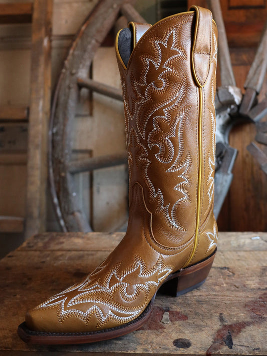 Tan Snip-Toe Classic Embroidery Western Mid Calf Cowgirl Boots