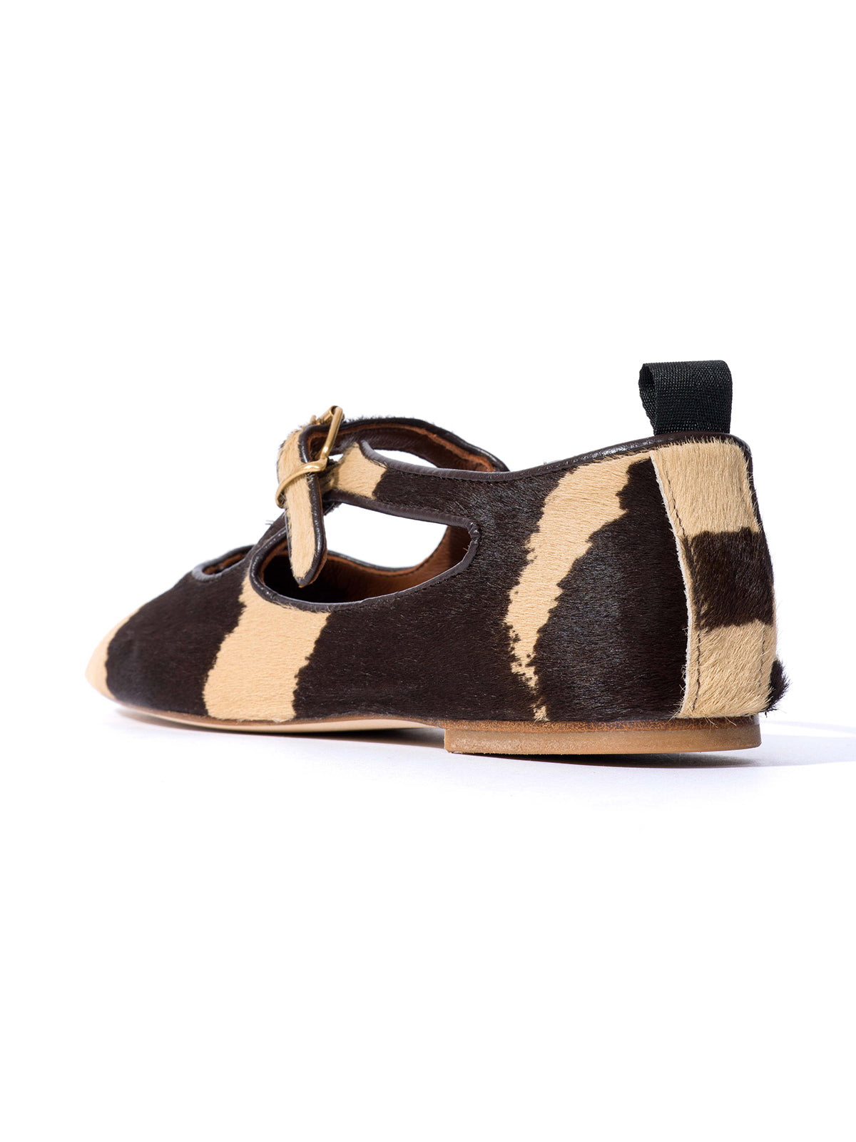 Square-Toe Buckle Strap Chic Flats - Zebra Pony Hair Vegan Leather
