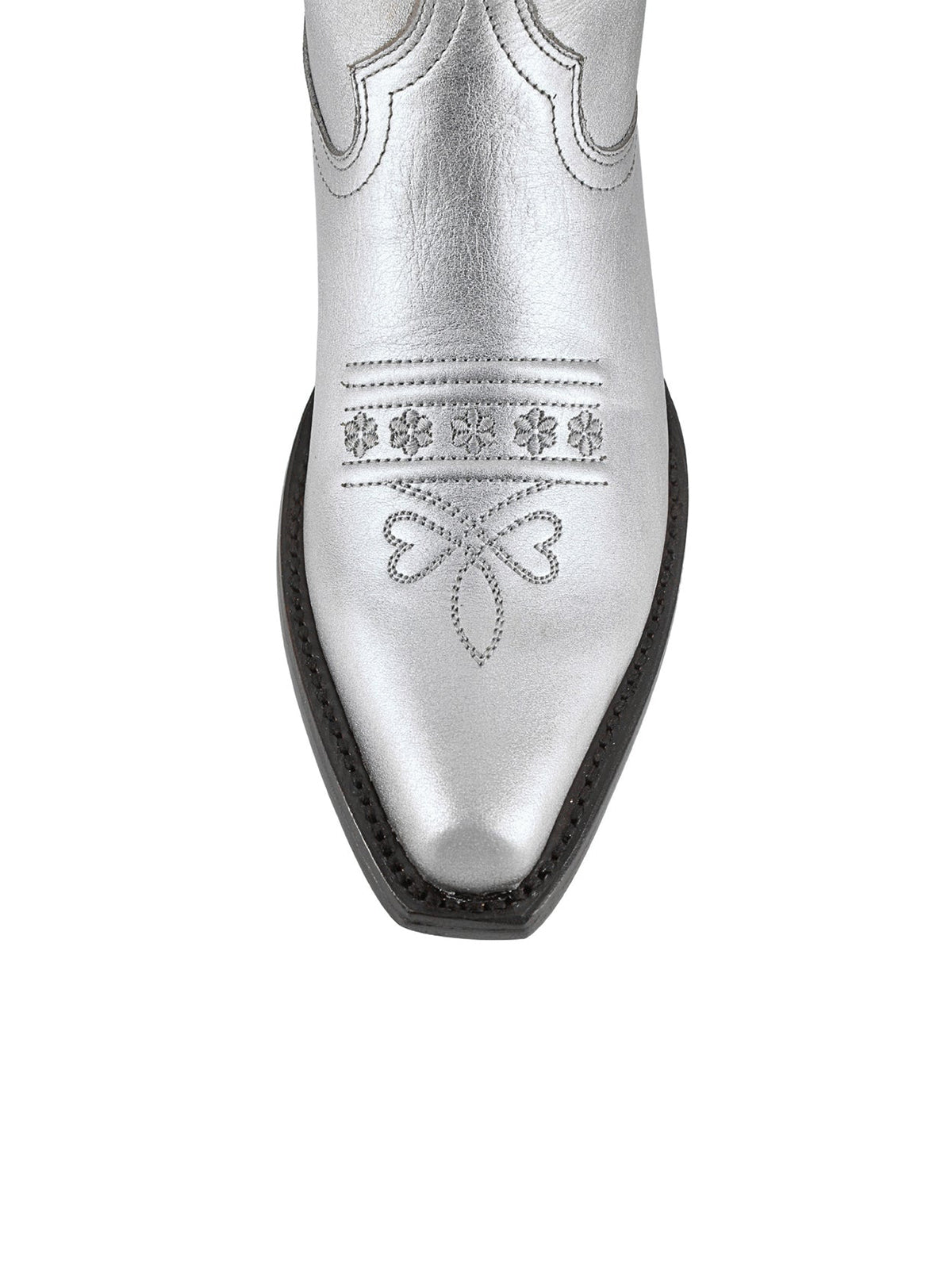 Metallic Silver Snip-Toe Heart Applique And Flowers Embroidery Mid Calf Cowgirl Boots