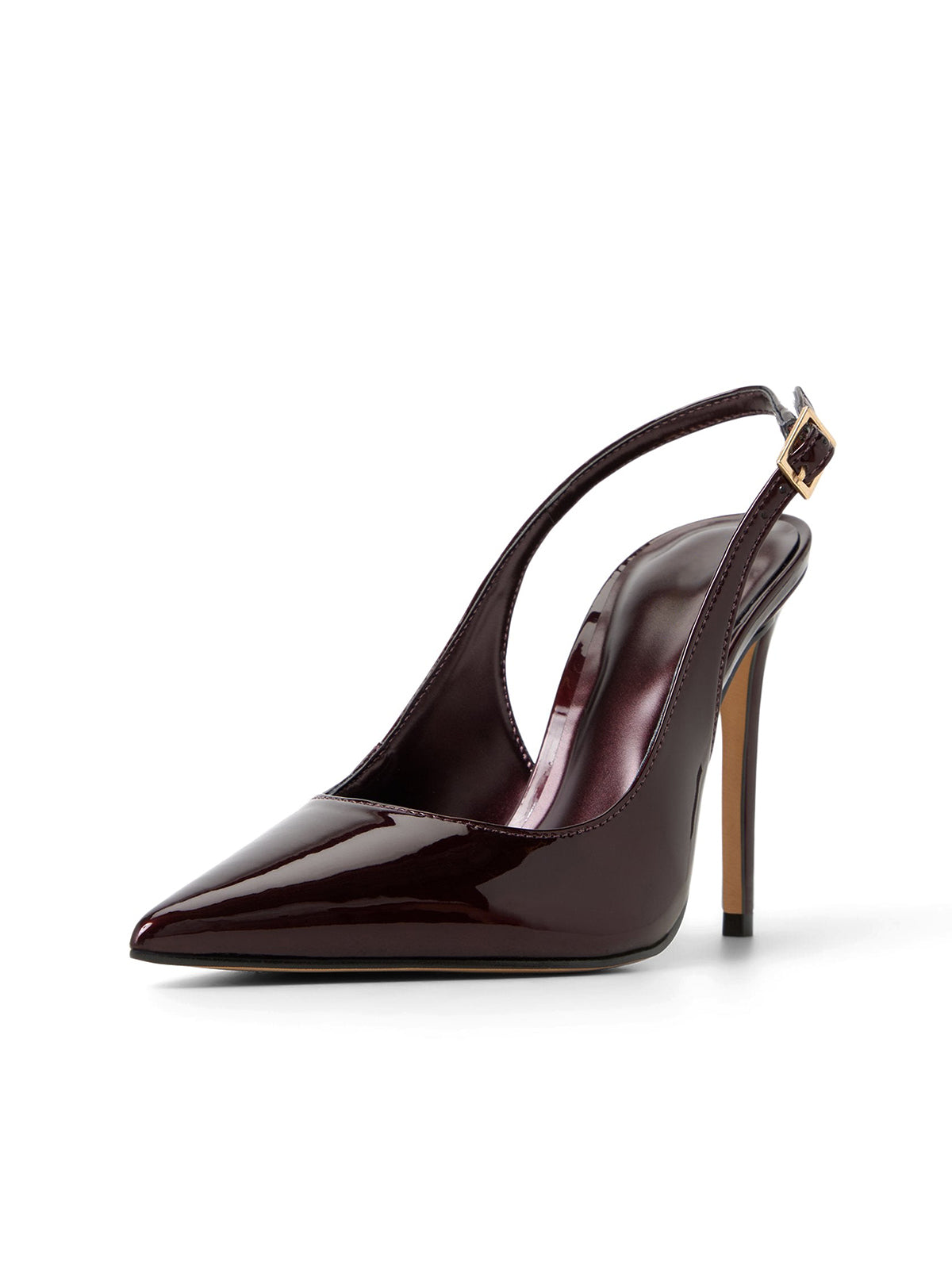 Patent Dark Brown Pointed-Toe Classic Buckle Slingback High Heels