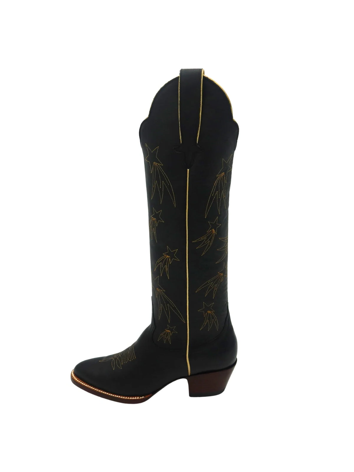 Black Almond-Toe Shooting Stars Embroidery Wide Calf Knee High Cowgirl Boots