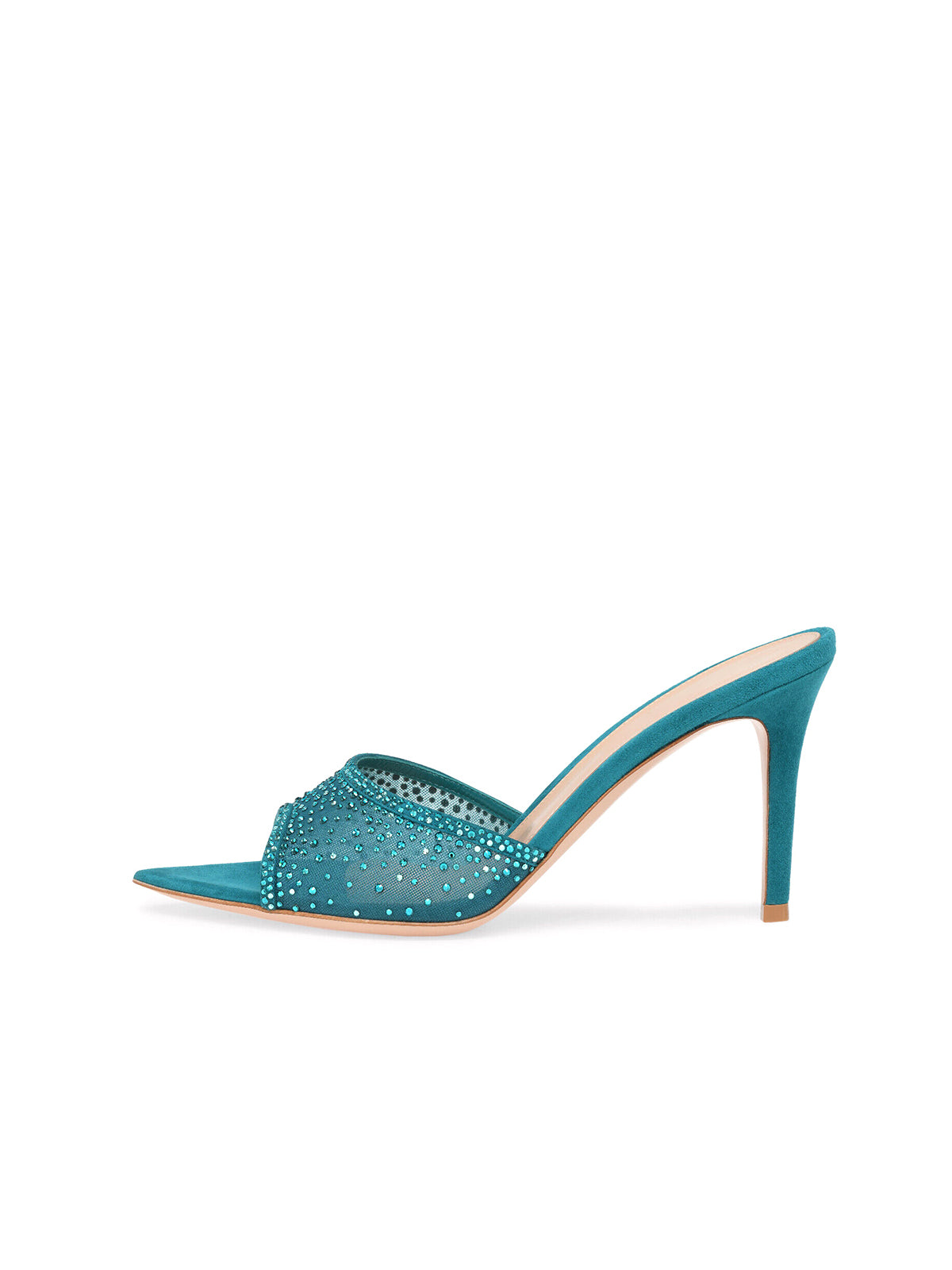Rhinestones Mesh Open Pointed-Toe Backless Slip-On High Heels – Light Blue