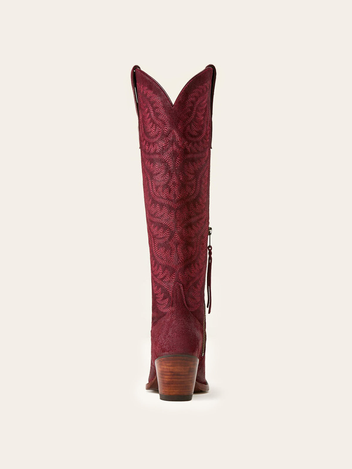 Embroidery Half-Zip Tall Knee High Faux Suede Snip-Toe Cowgirl Boots - Burgundy