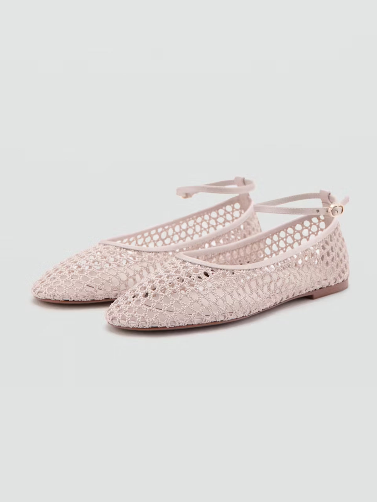 Ivory Mesh Round-Toe Classic Ankle Strap Simple Flats
